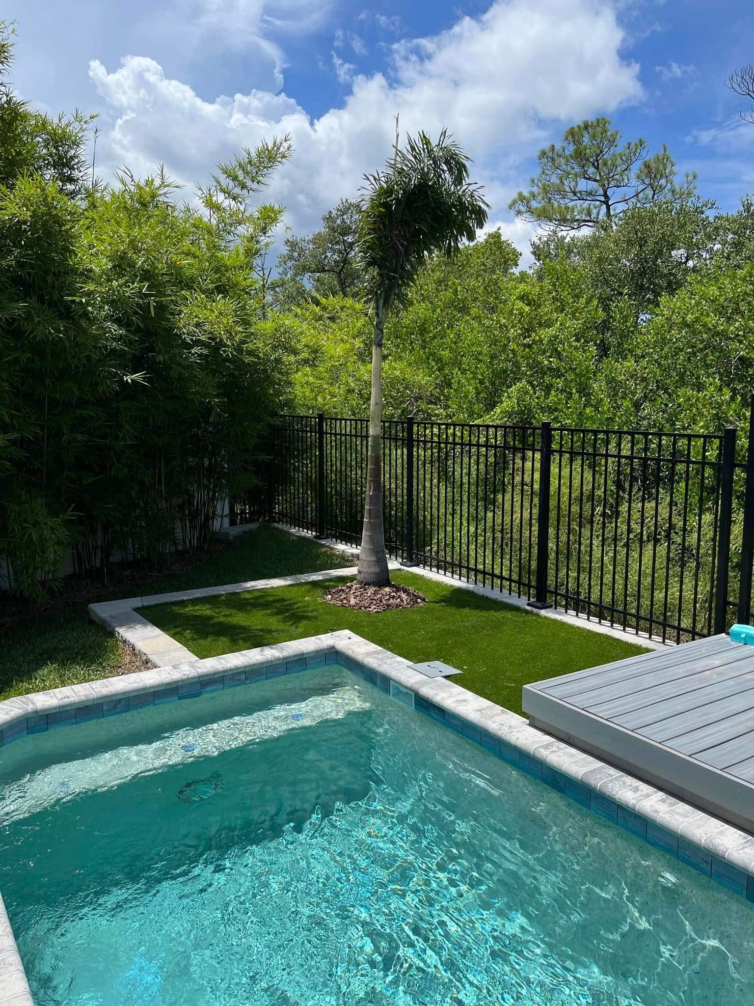 Pool with turquoise water, surrounded by artificial turf and a black fence. Lush trees in the background under a blue sky.