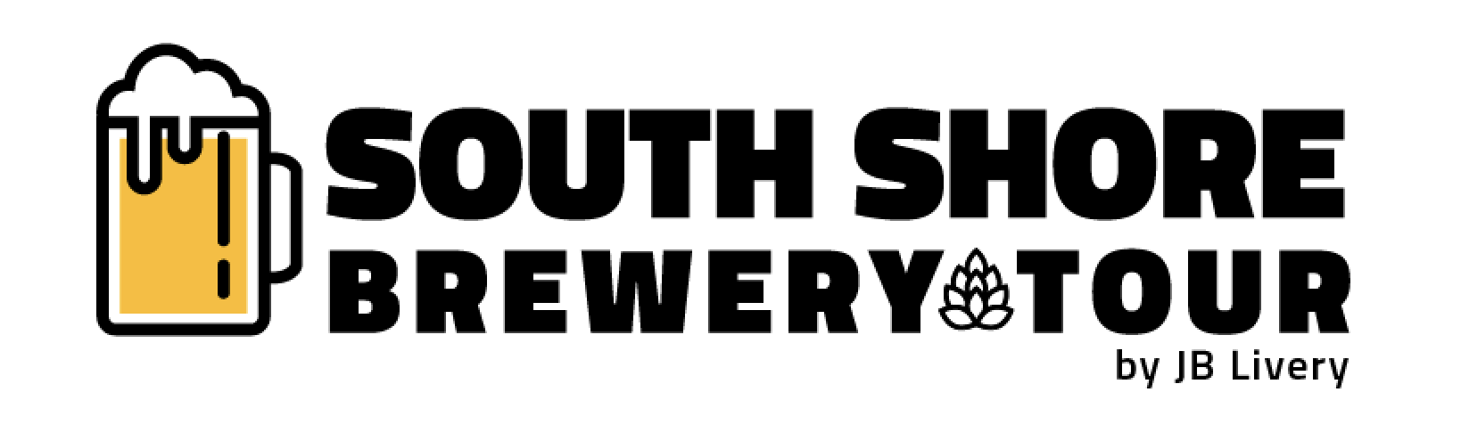 South Shore Brewery Tour logo. Beer mug icon, black text, with hops symbol and