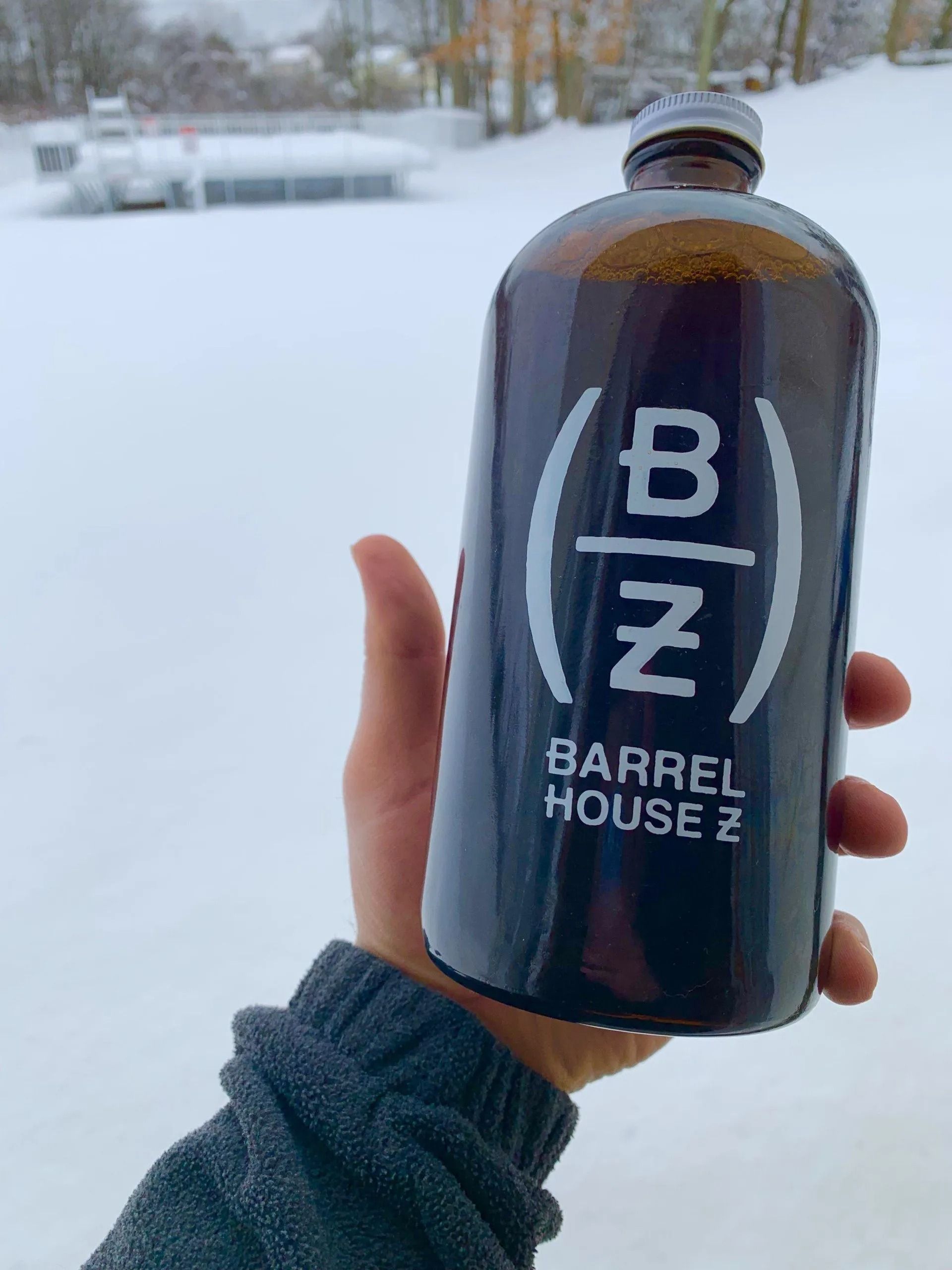 Hand holding a dark bottle with