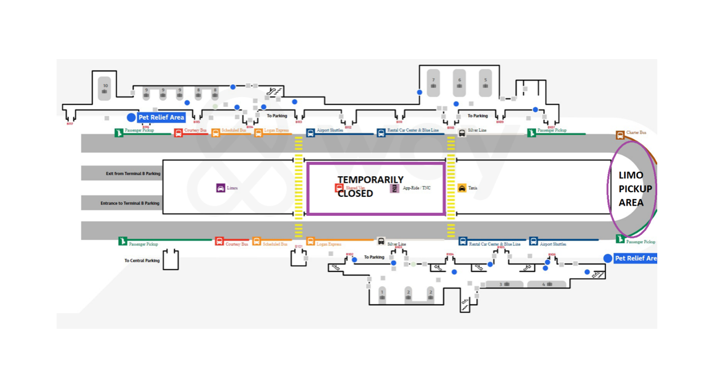 Floor plan of a building with a highlighted exit on the right, and central information desk.