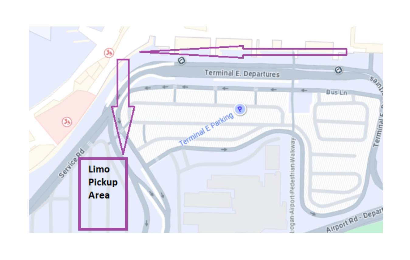Map of an airport showing a limo pickup area, Terminal E Departures, and parking.