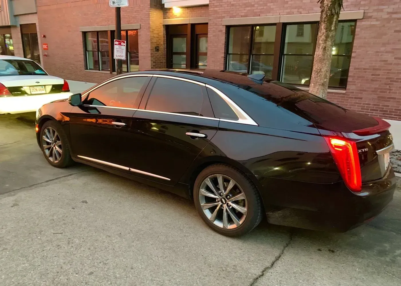 Two white limousines parked on a grassy field under an overcast sky.