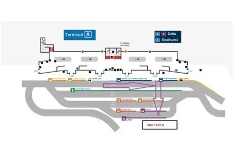 Airport terminal map showing gates, taxiways, and a limo area.