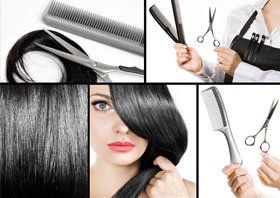 Collage of several photos of hair, scissors and combs