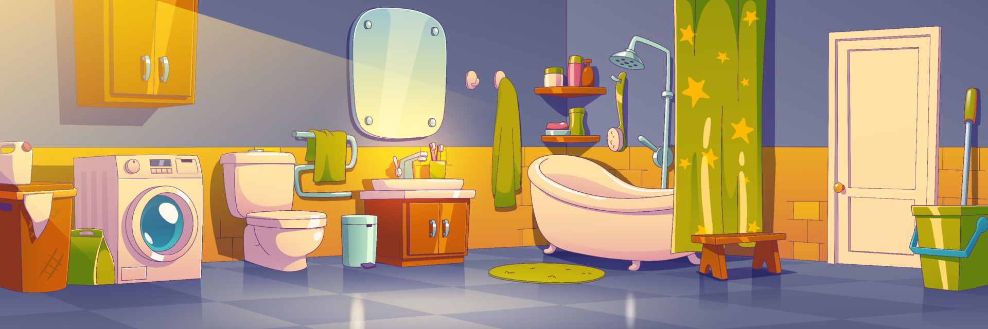 cartoon of a bathroom with many water fixtures
