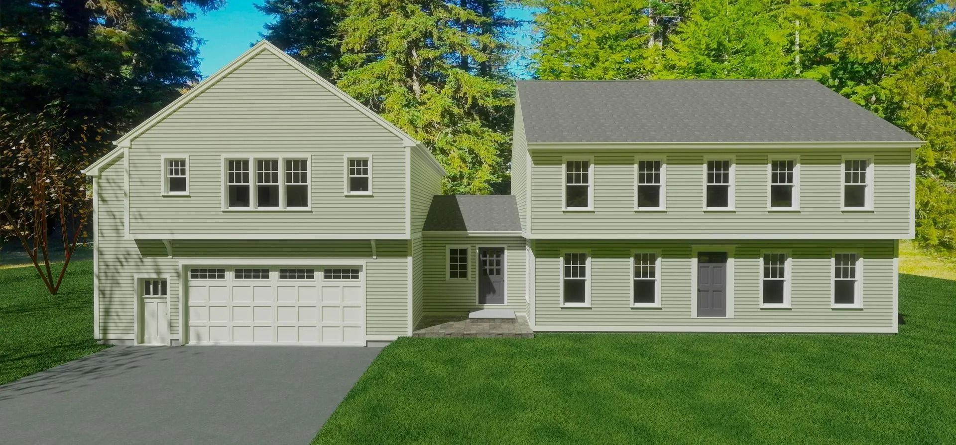 Light green two-story house with a gray roof and a driveway in front of a green lawn and trees.