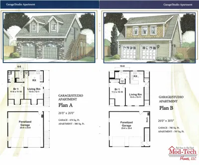 Architectural plans for two Garage/Studio Apartments, Plan A and Plan B. Includes exterior renderings and floor plans.