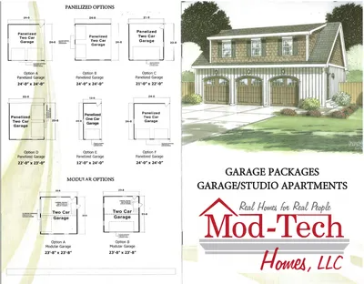 Brochure for garage/studio apartments with several plan options and a rendering of a three-bay garage with living space.