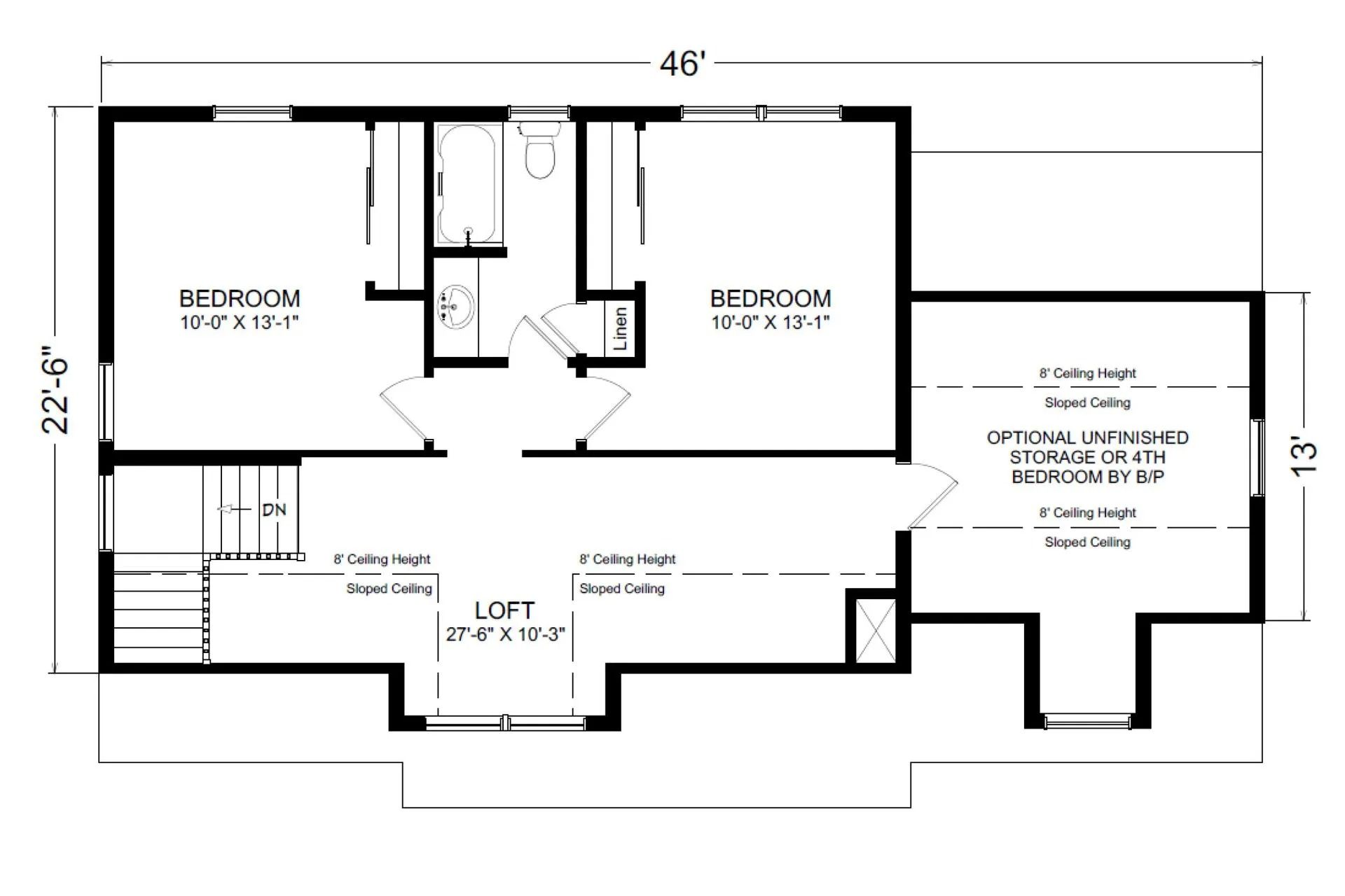 Floor plan of a house with bedrooms, bathroom, loft, and optional garage/bedroom.