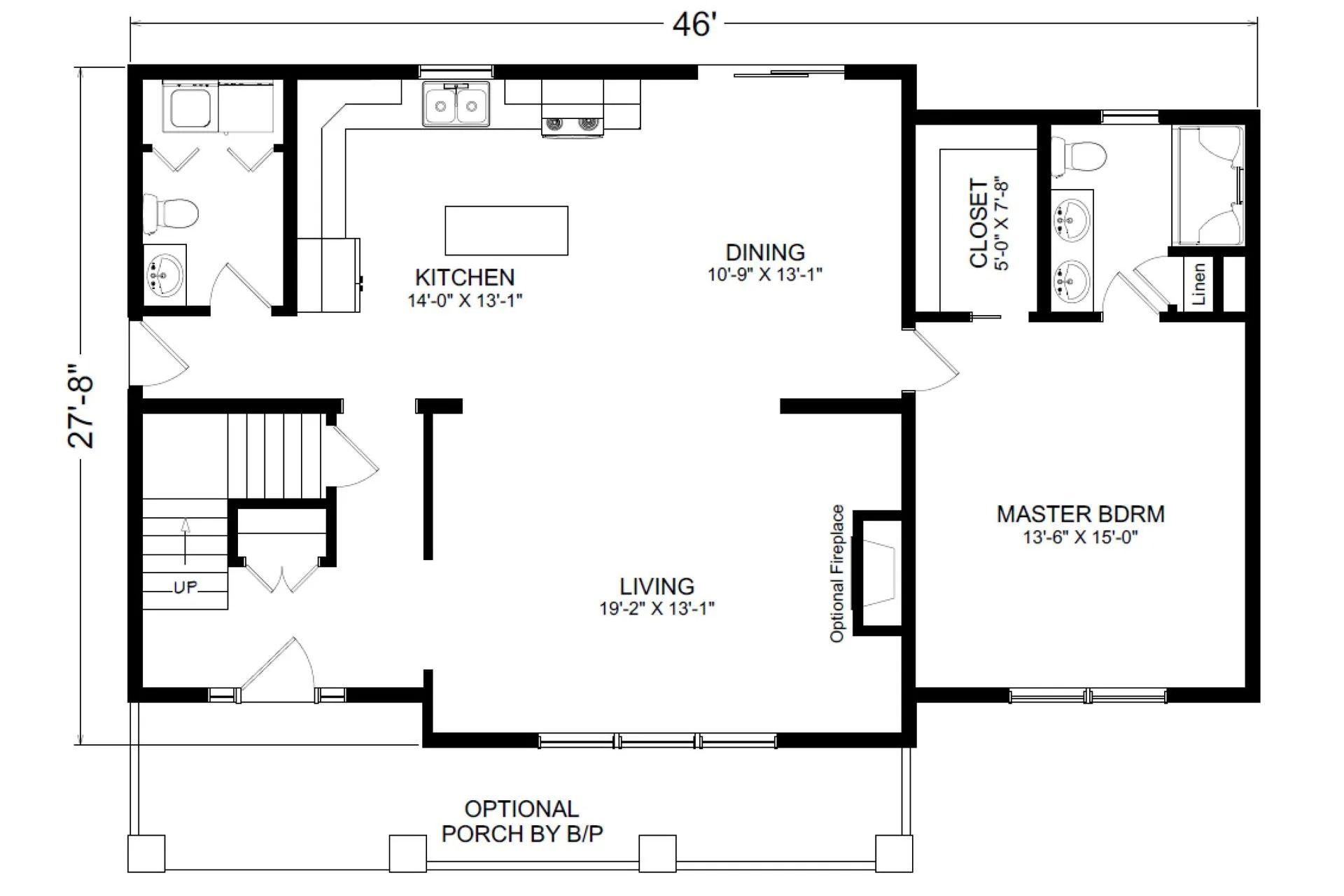 Floor plan of a house, with rooms labeled: kitchen, dining, living, and master bedroom. Shows dimensions and layout.