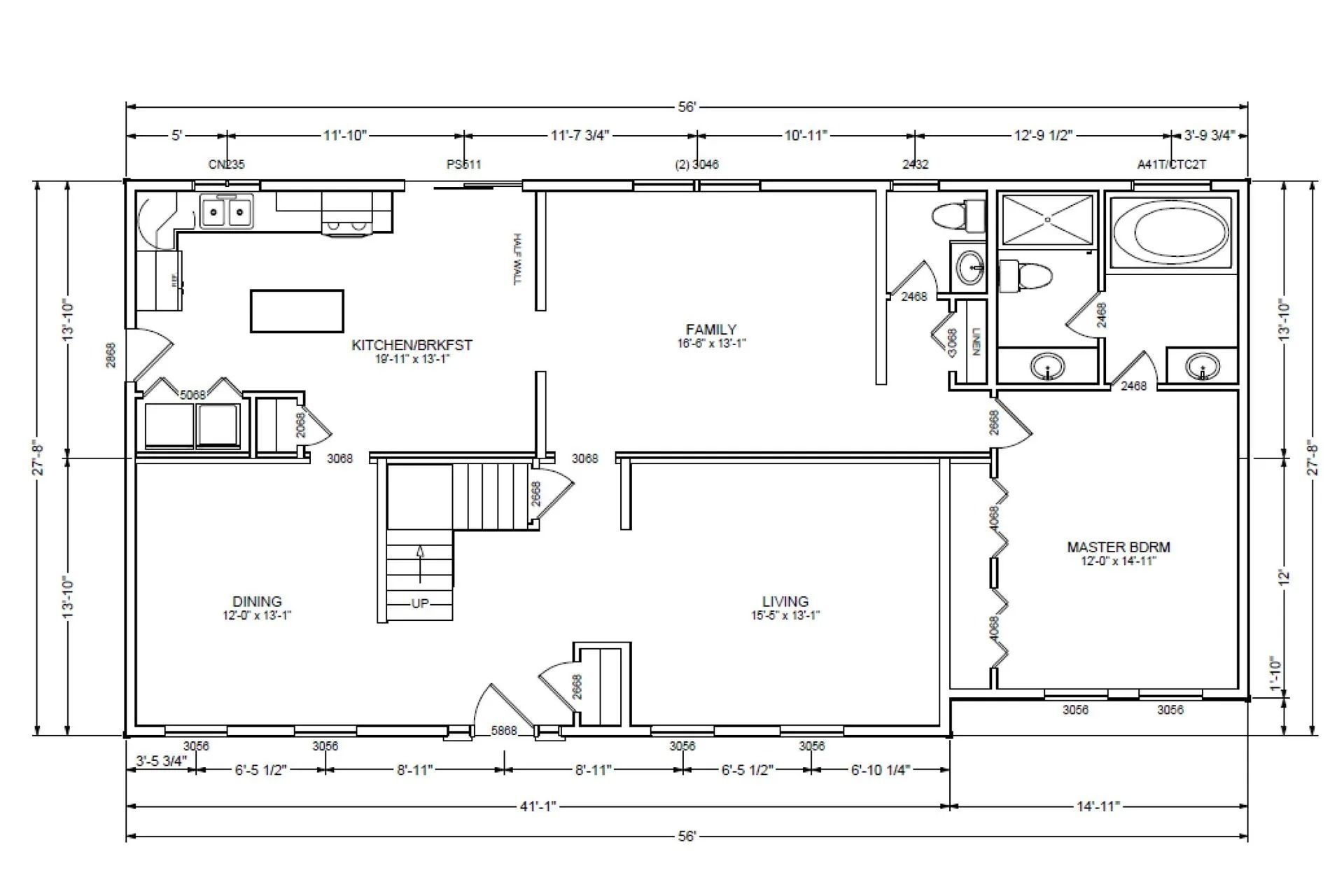 Floor plan layout with dimensions for a single-story home: kitchen, dining, living, bedrooms, bathrooms.