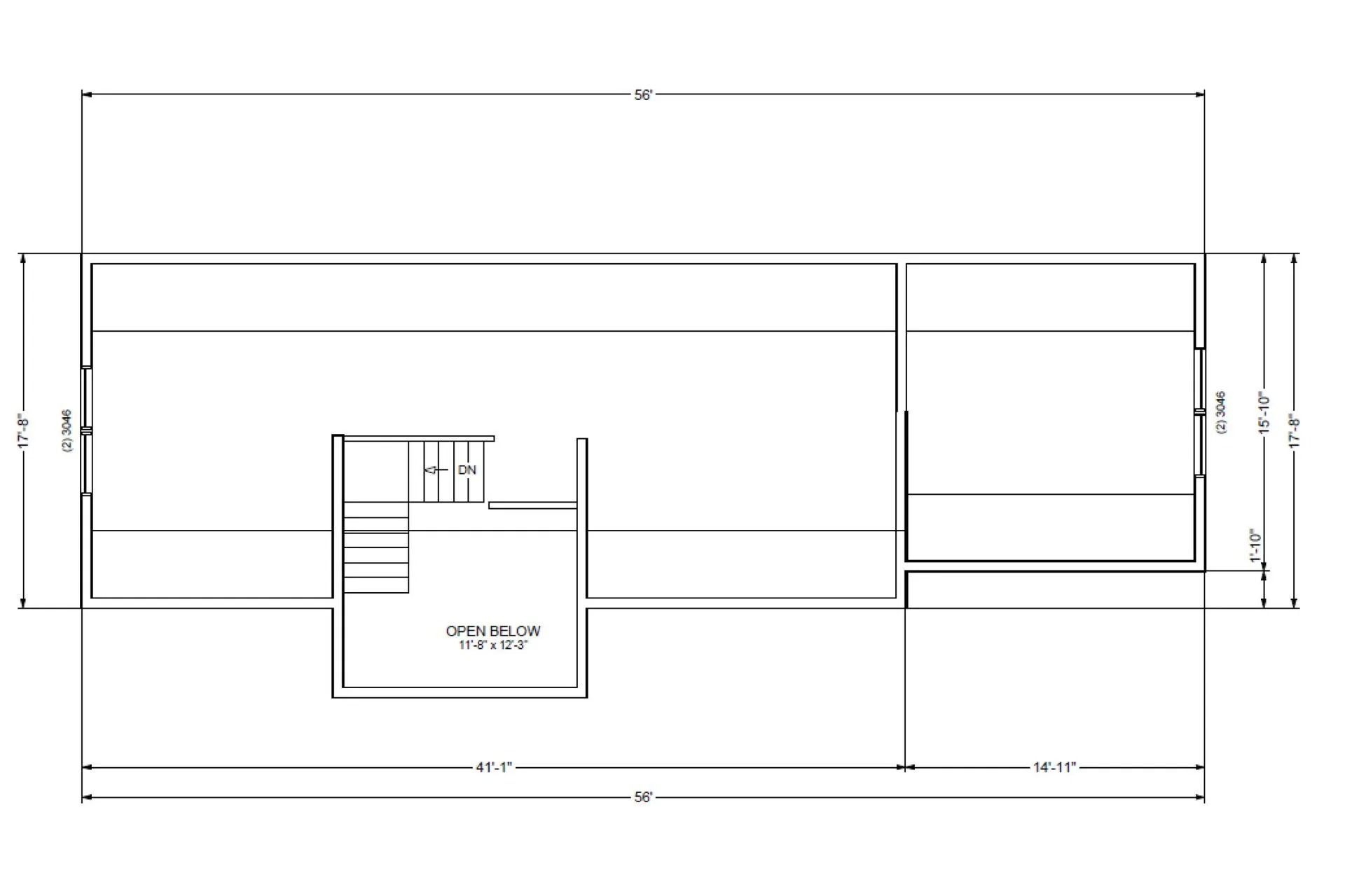 Floor plan with dimensions; shows a rectangular layout including a kitchen, stairs, and a separate room.