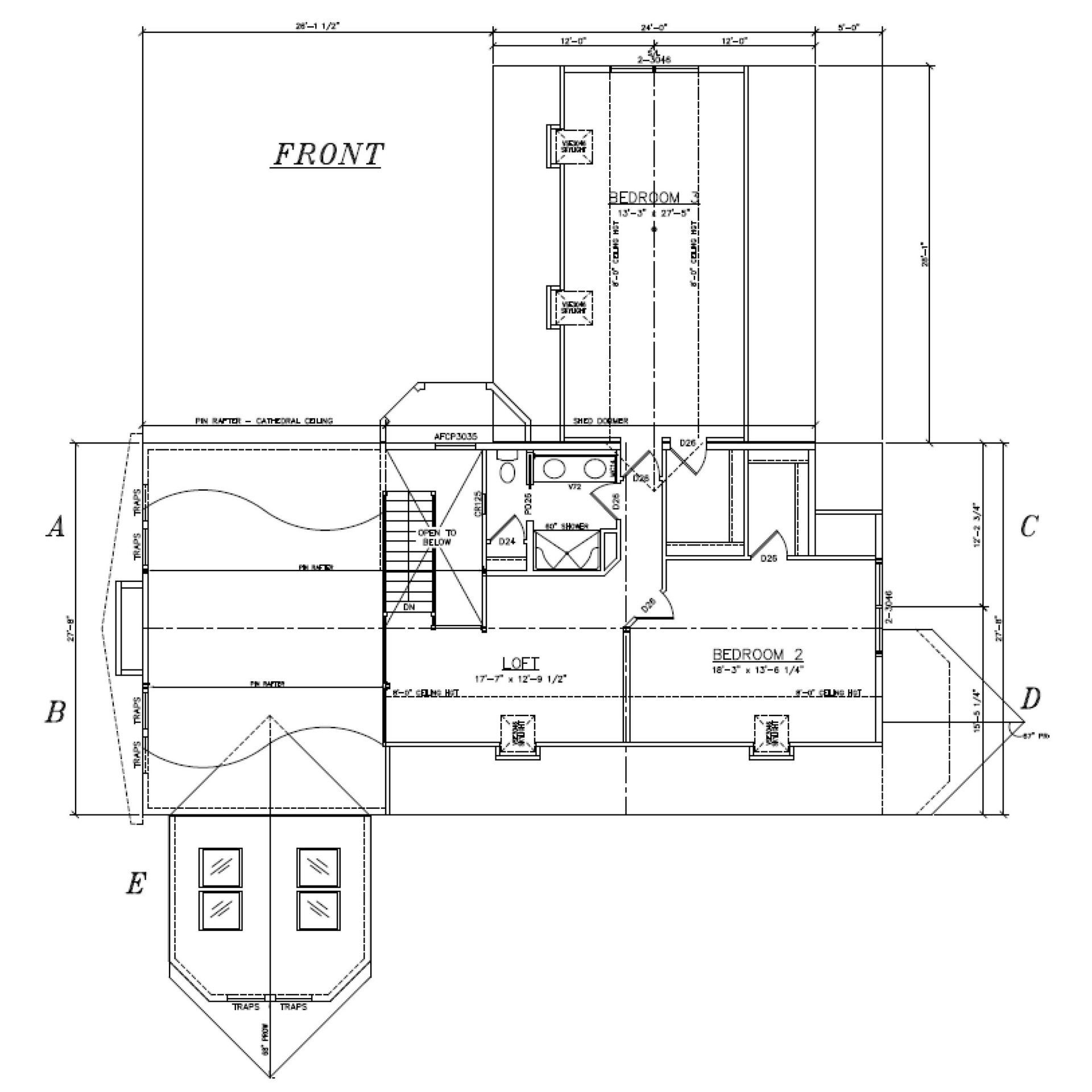 Architectural floor plan of a two-story house with room dimensions, labels, and front view details.