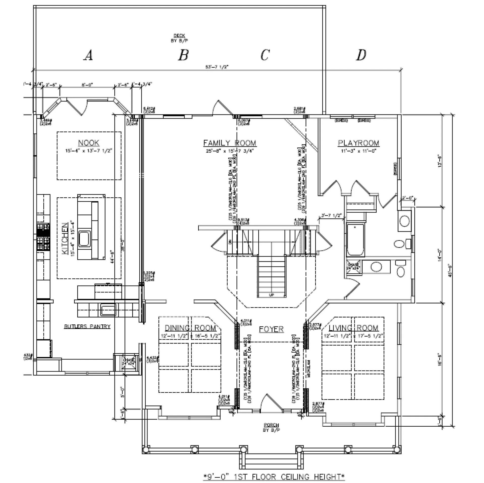 Floor plan of a house, detailing rooms such as kitchen, family room, and dining room; includes dimensions.