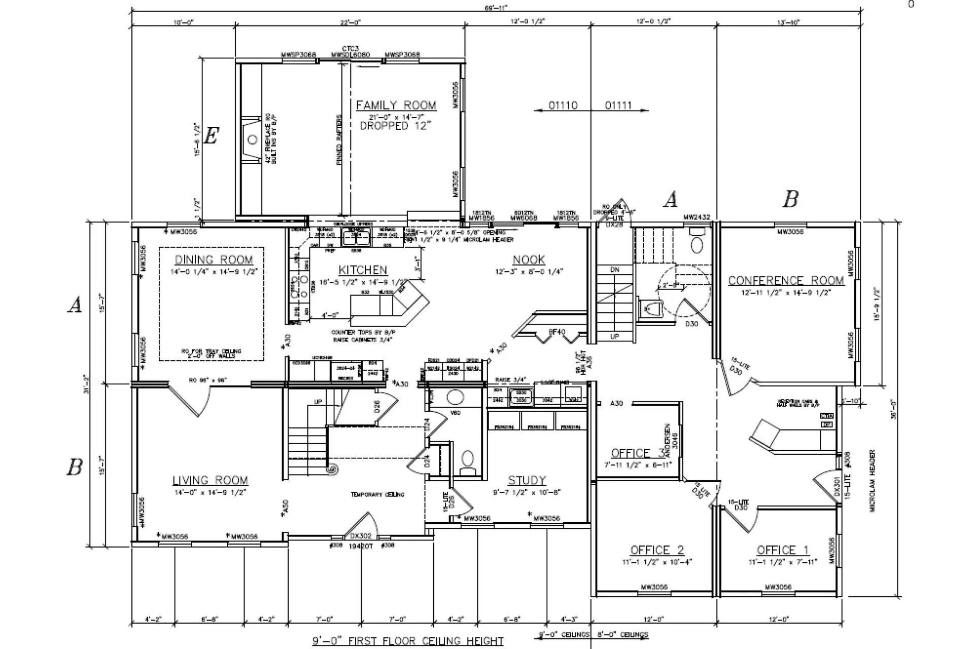 Architectural floor plan of a house with labeled rooms, doors, and measurements.