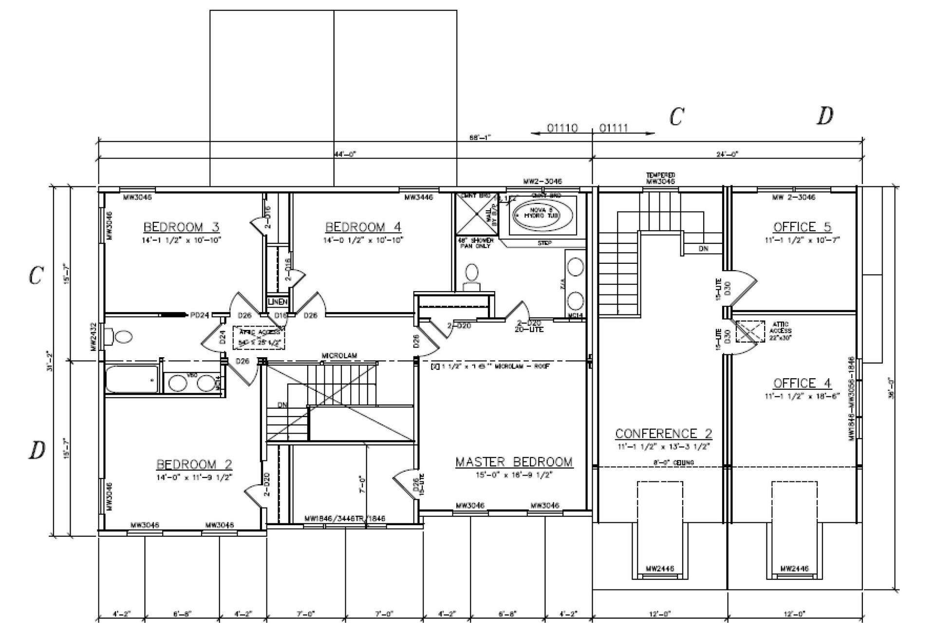 Floor plan of a house, with rooms labeled and dimensions shown. Includes bedrooms, bathrooms, and living areas.