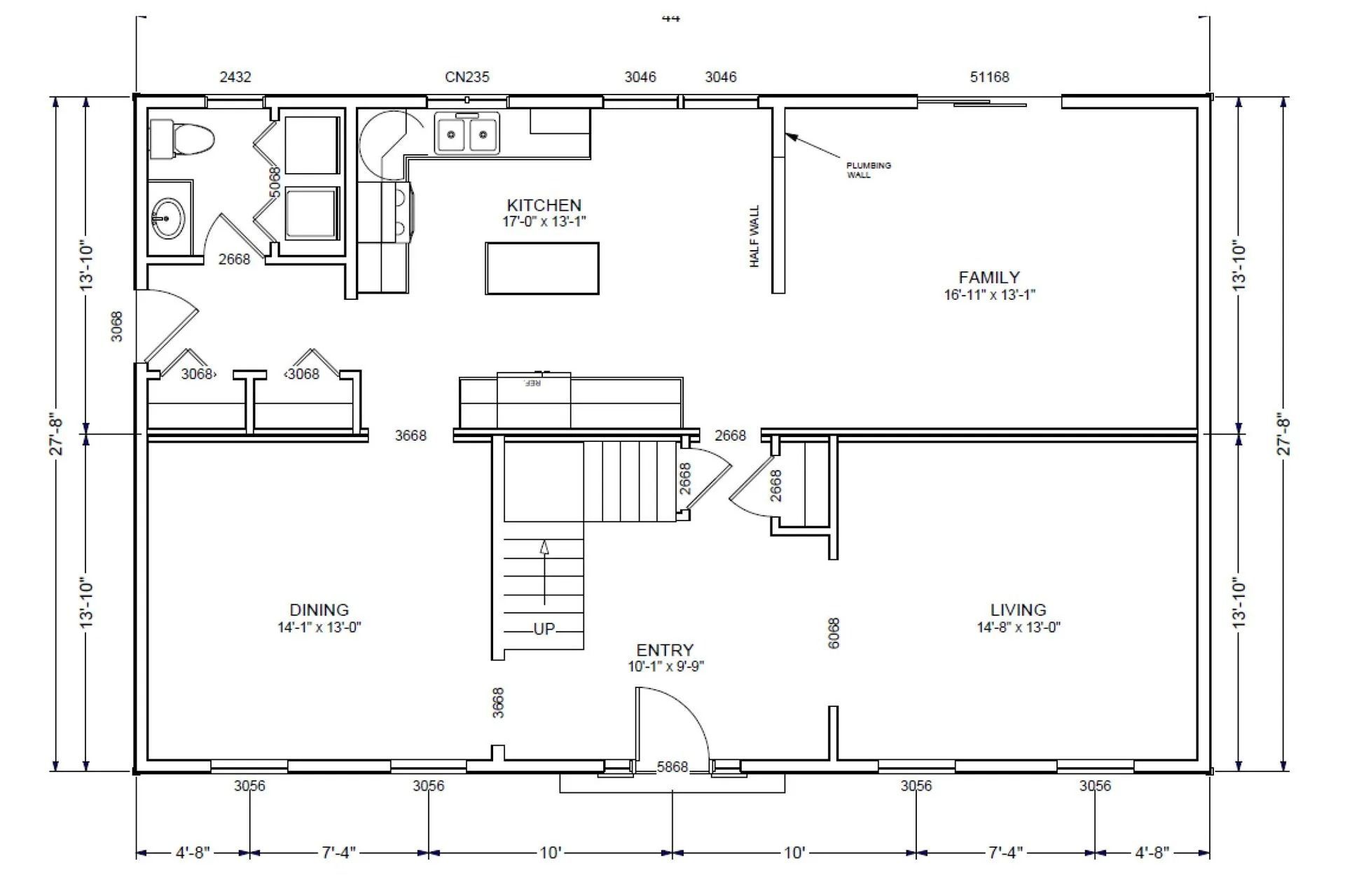 Floor plan of a house with kitchen, bathroom, family room, and bedrooms, with dimensions noted.