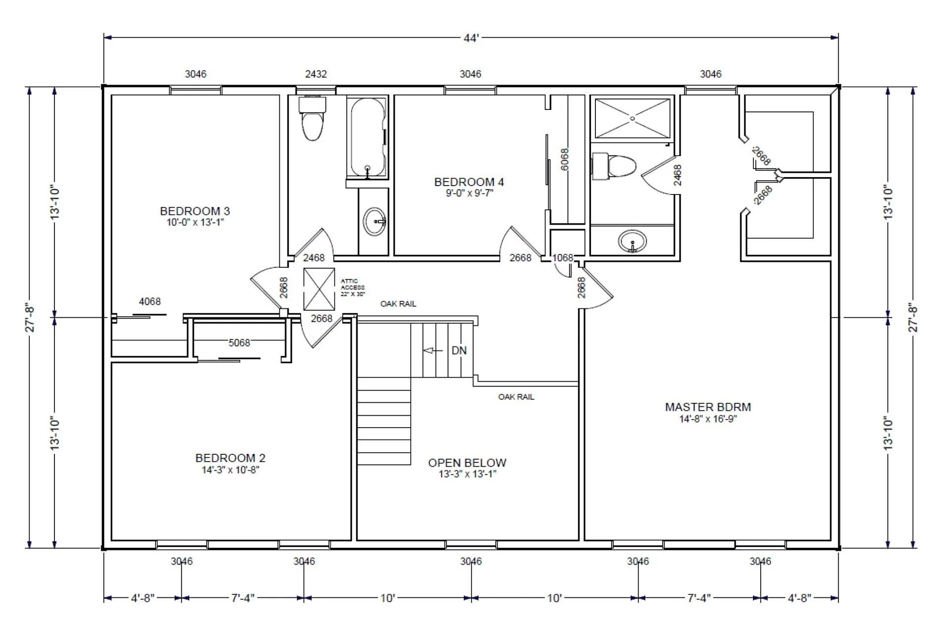Floor plan of a rectangular house with three bedrooms, two bathrooms, a kitchen, and a living area, labeled with dimensions.