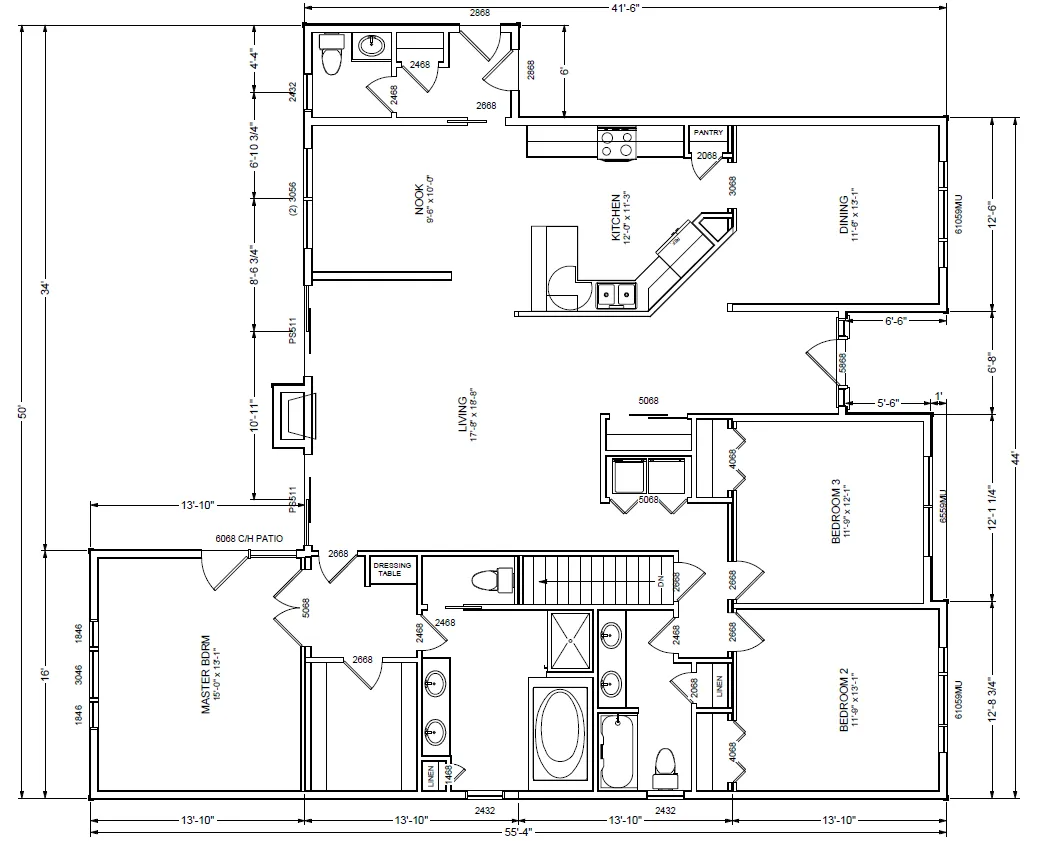 Floor plan of a house, detailing rooms, measurements, and layouts.
