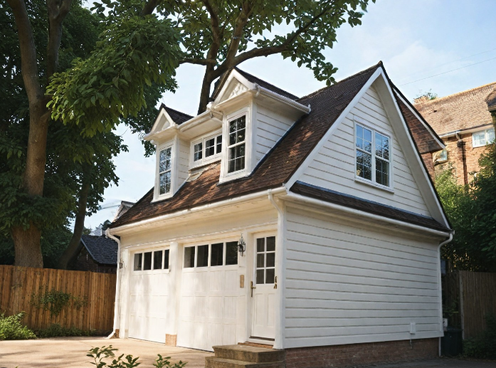 White two-story garage with dormers, two garage doors, and a front door. Brown roof and white siding.