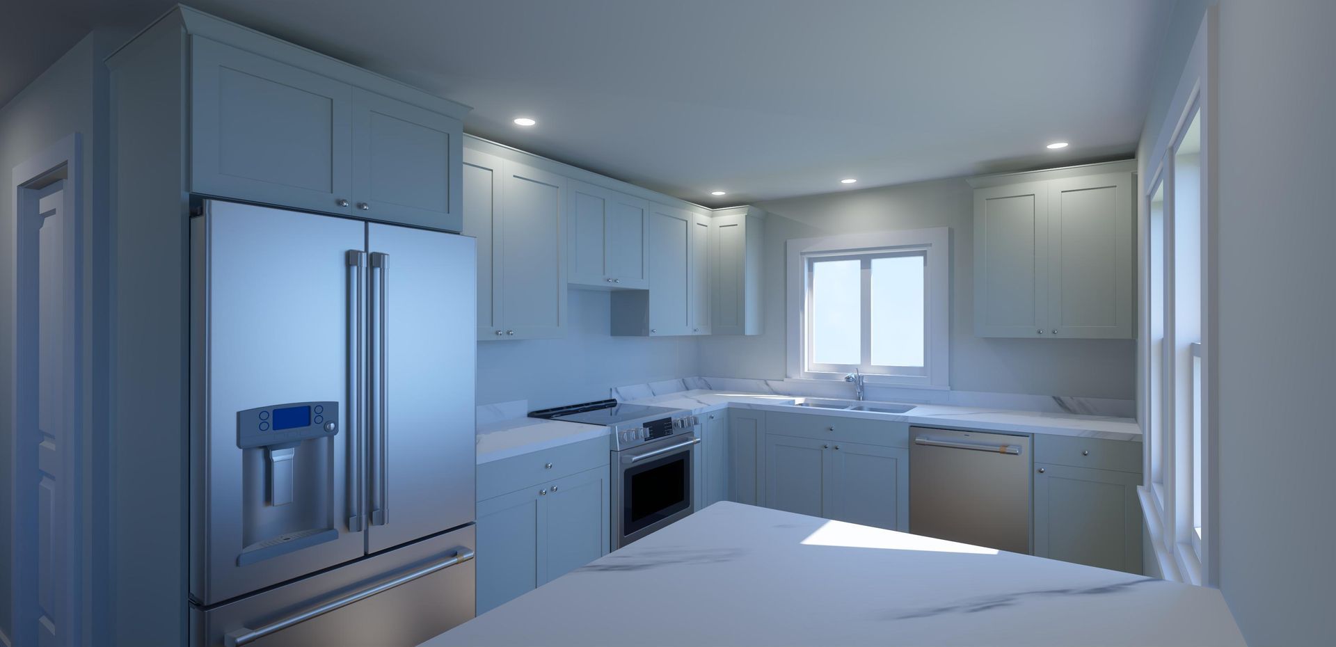 A modern, light blue kitchen with cabinets, stainless steel appliances, and a central island.