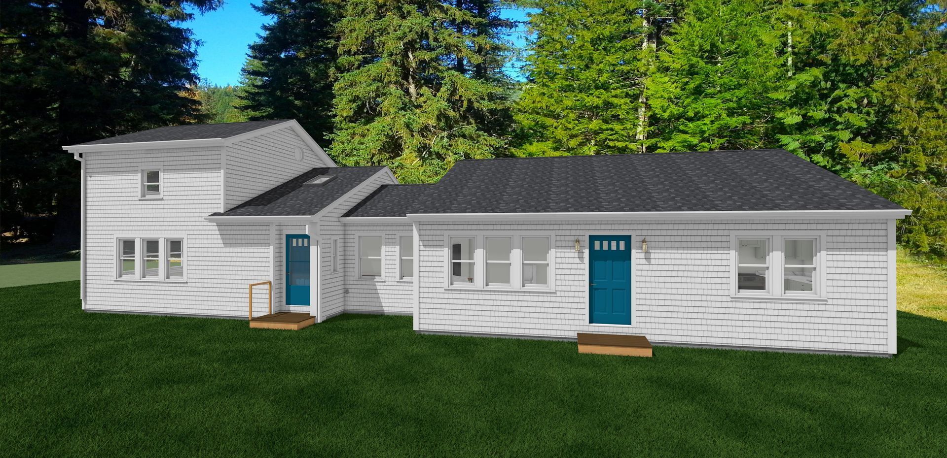 A white house with a blue door and a dark roof, set on a green lawn with trees in the background.