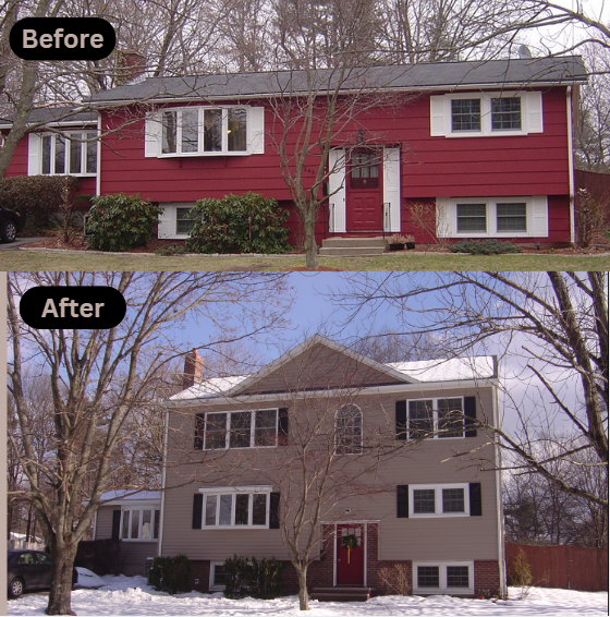Before and after photos of a two-story house: red siding changed to tan, black shutters added, and trim remains white.