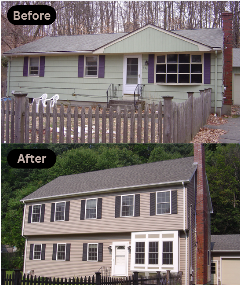House exterior before and after renovation: green siding to tan siding, updated windows and shutters.