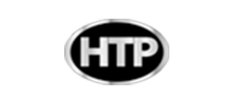 A black and silver htp logo on a white background