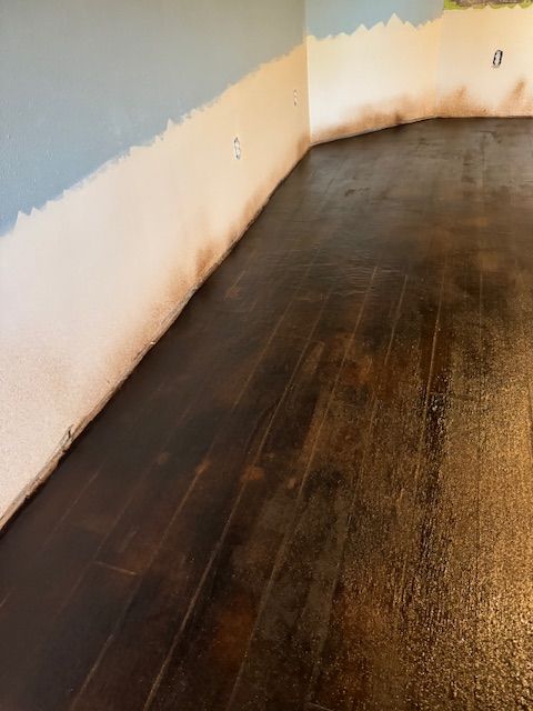 Dark brown wooden floor with light beige walls and a blue upper wall.