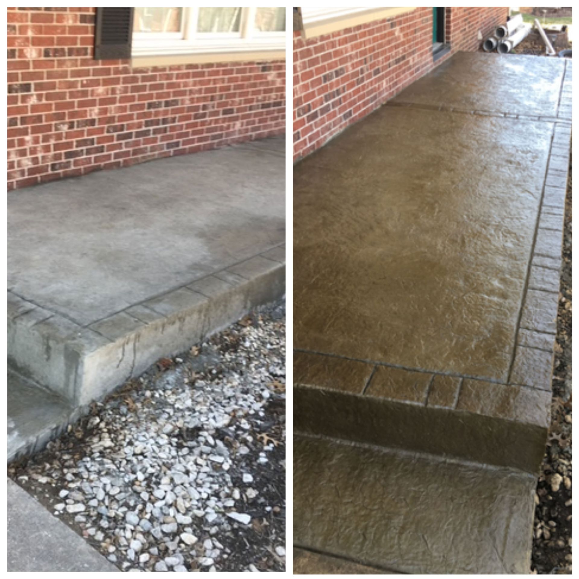 Before and after comparison of a concrete porch with a brick border, showing cleaning and staining process.