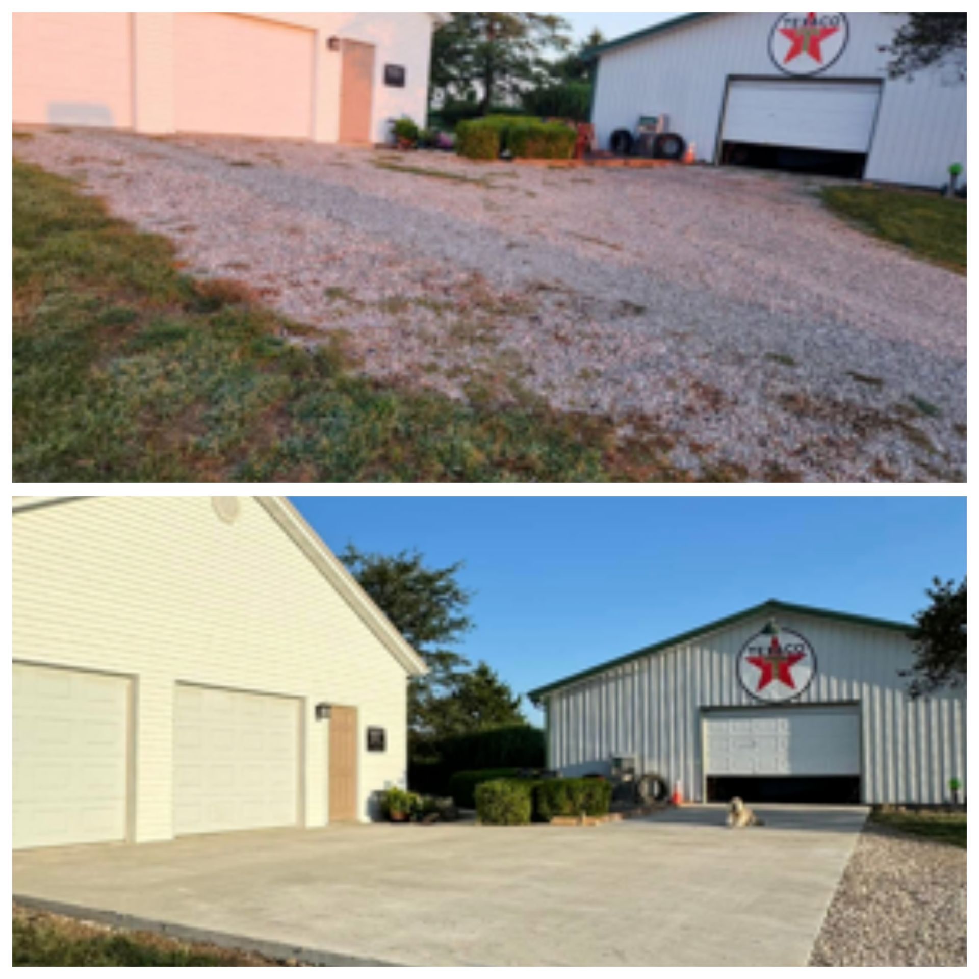 Comparison: Before gravel driveway, after concrete driveway. White garages with red star logo.