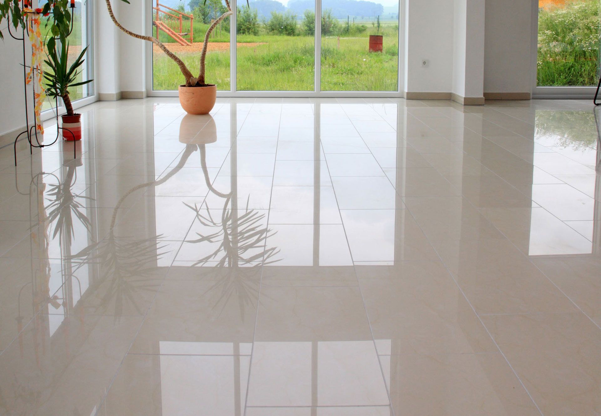 Shiny, light-colored tile floor reflecting plants and large window with green field view.