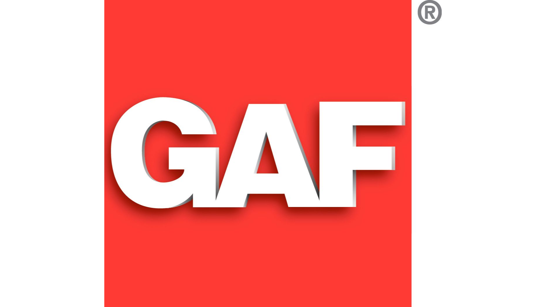 GAF logo with white letters on a red background, 