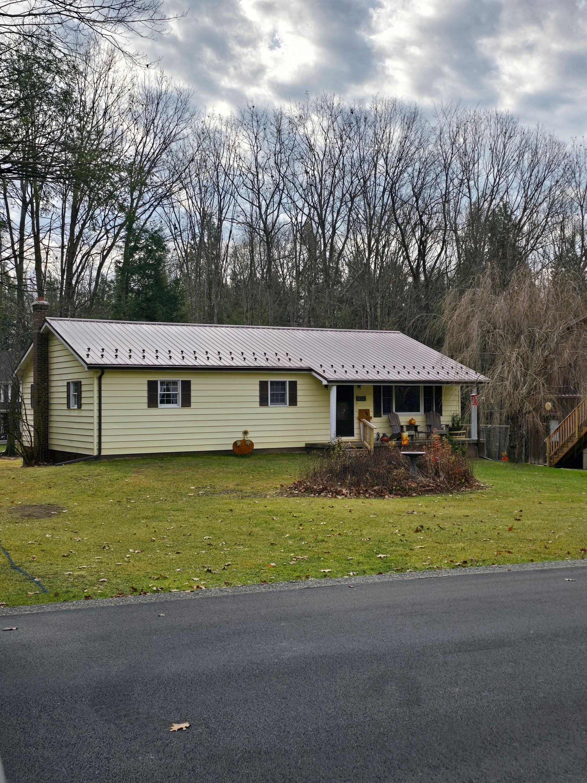 A house with a metal roof is sitting in the middle of a grassy field.