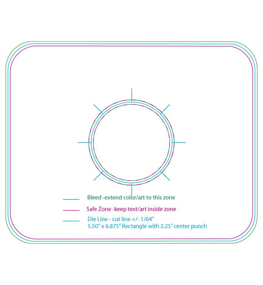 Technical dieline: rounded-square label with concentric colored borders and a centered circular cutout.