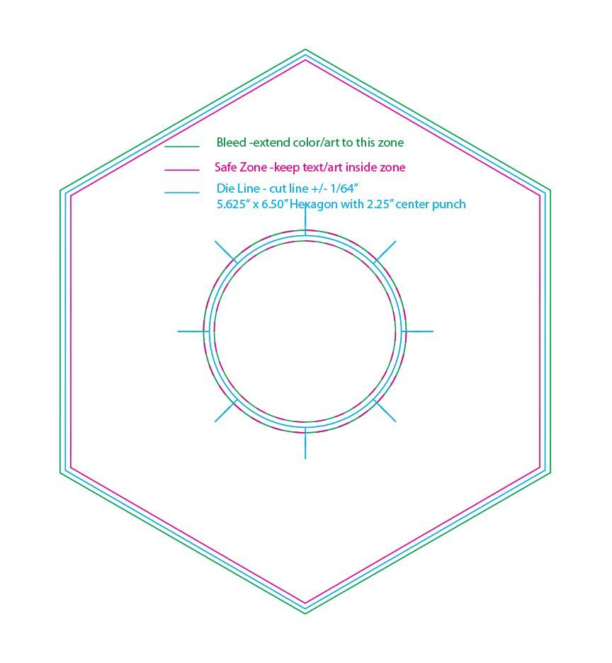 Hexagonal outline with a centered circle and small cyan/magenta measurement notes above it.