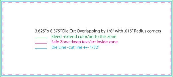 Engineering diagram with colored cut lines, bleed, safe zone, and die line labels on a white background