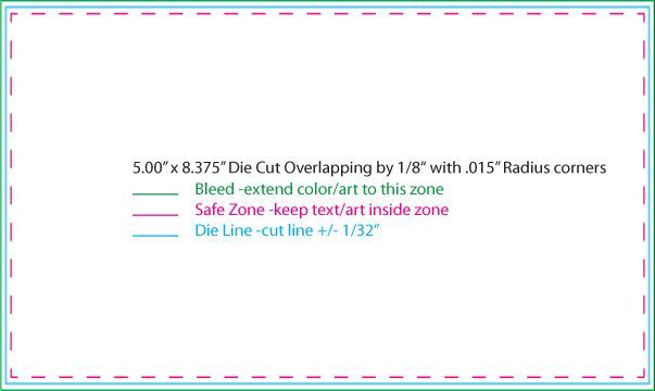 Technical sizing diagram with dashed pink and teal safe-zone outlines and bleed/cut lines on a white background