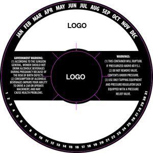 Black circular warning label template with month ring, two text panels, and central logo area