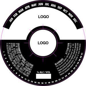 Alcohol content wheel label with months, warnings, and percentage scale in black and white.