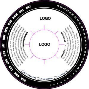 Circular black-and-white label template with two logos, curved text, and pink guide lines.