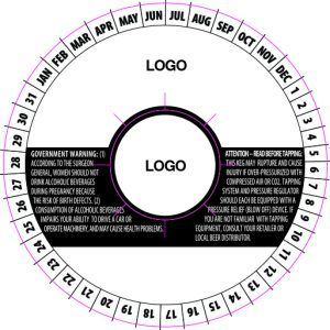 Circular calendar wheel template with months and dates around a central logo area