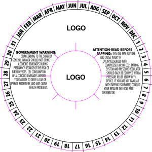 Circular monthly calendar label template with warning text and two logo placeholders
