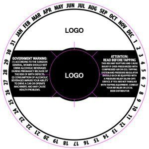 Circular label with months around the edge, central black panel, and small warning text on left and right.