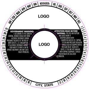 Circular black-and-white product label template with centered logo and warning text sections.