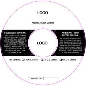 Circular black-and-white keg label with logo, government warning, attention text, and fill-level markers
