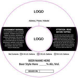 Beer bottle label template with circular logo areas, warning text, beer name, style, volume, and ABV fields