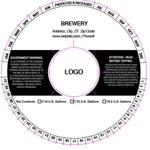 Circular beer label template with central logo, brewery text, warning box, and net contents markings