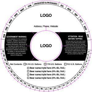 Circular beer bottle label template with central logo, black warning panels, and ingredient checkboxes.